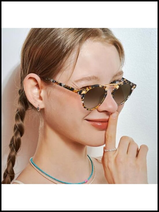 Small Face Acetate Double Bridge Polarized Sunglasses, Retro Metal Brow Eyewear main image 4